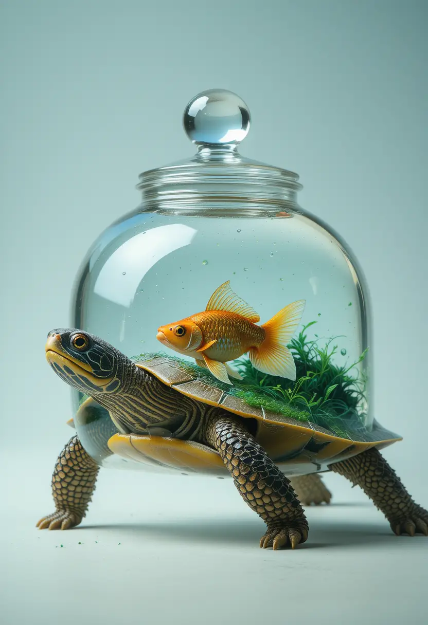 Fotorealistische Schildkröte mit Glasschale und schwimmenden Goldfischen