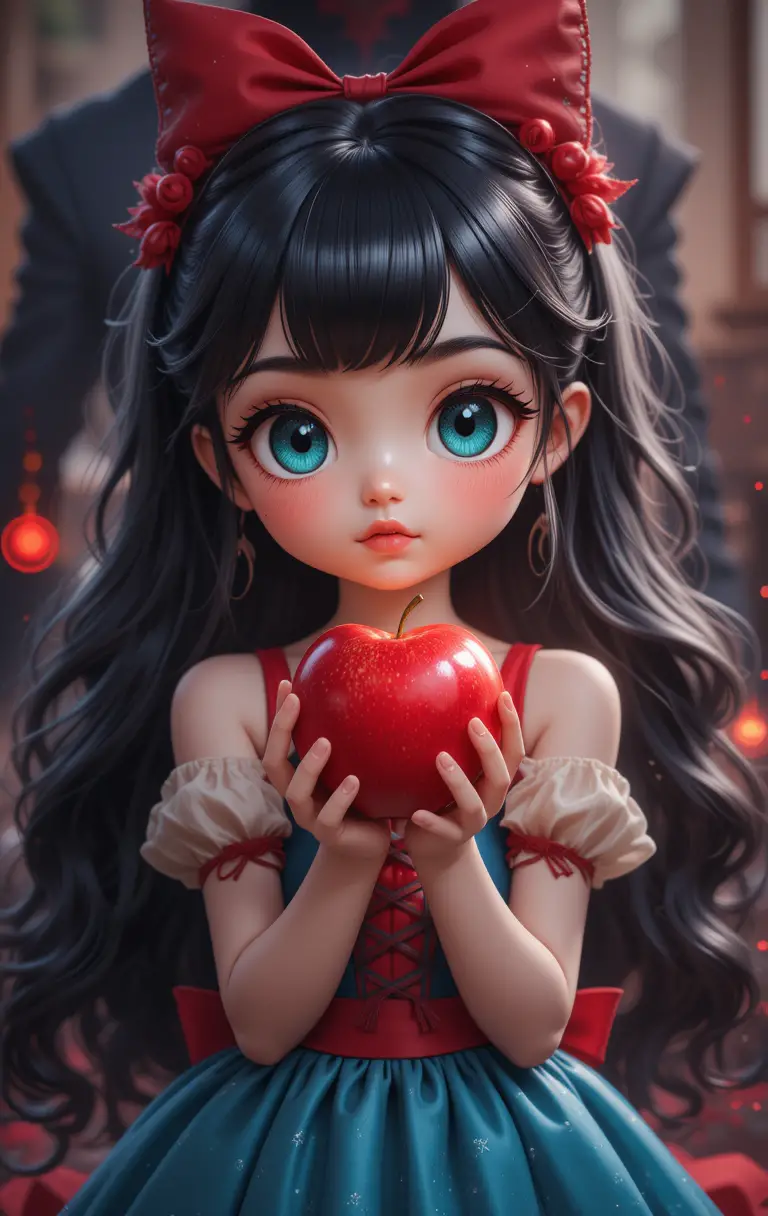 Anime-Mädchen mit rotem Apfel vor leuchtendem Hintergrund