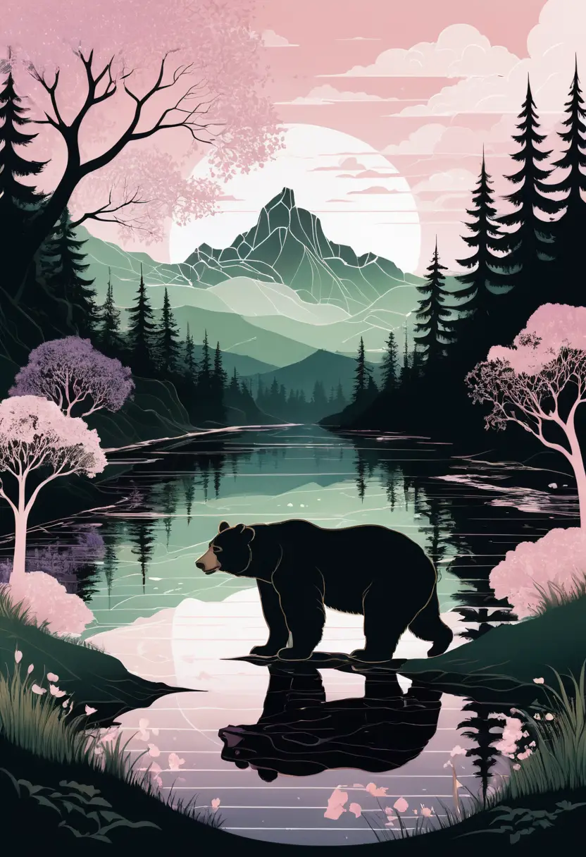 春の幻想的な森の風景を映したクマのシルエット