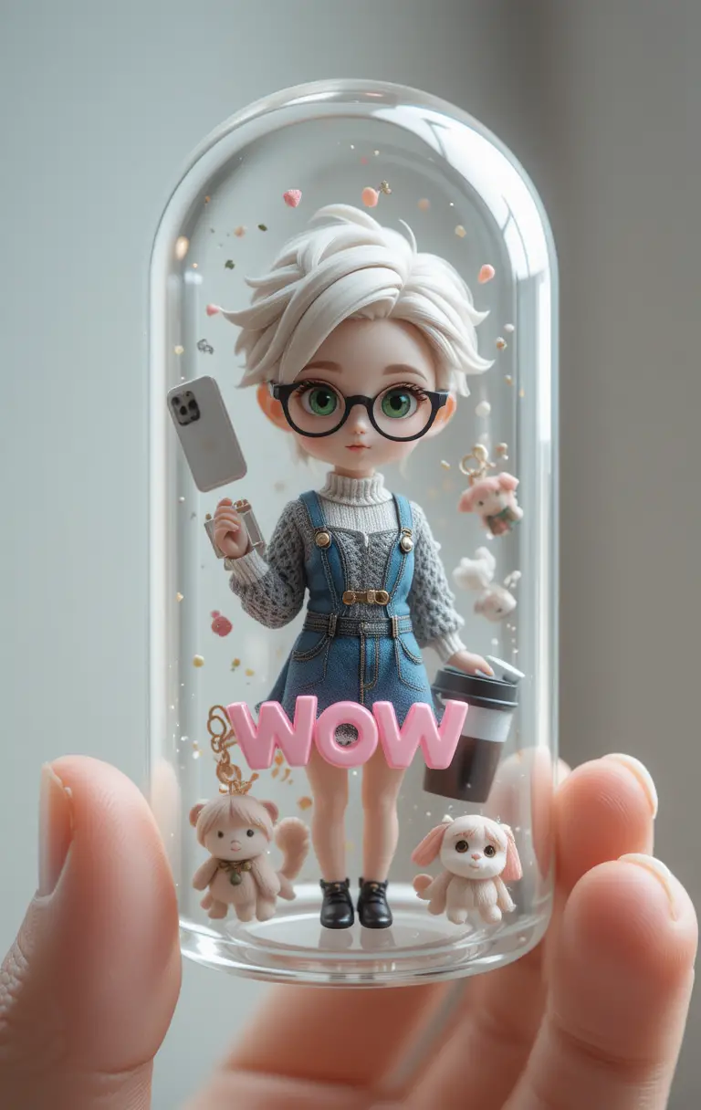 Ragazza Chibi in Capsula di Vetro con Oggetti Quotidiani Fluttuanti
