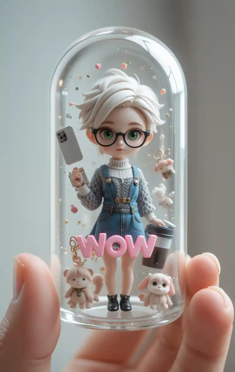 日常アイテムが浮かぶガラスカプセルの中のちびキャラ少女