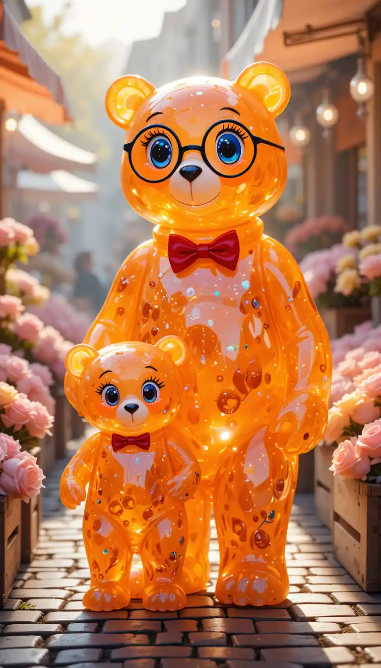 Leuchtende Gummibärchen-Familie auf einem traumhaften Blumenmarkt