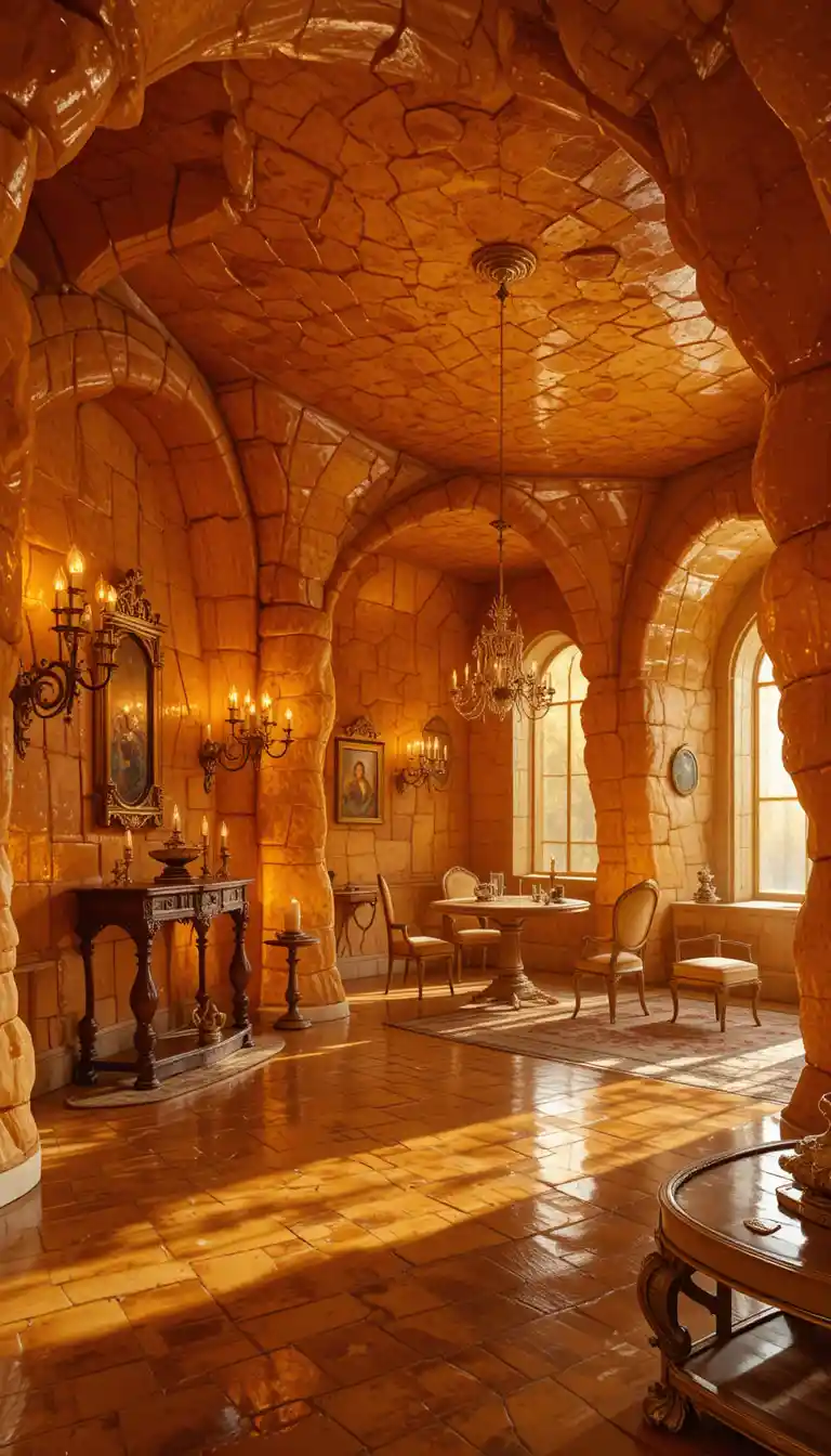 Stanza di un palazzo d’ambra illuminata da candele e riflessi della luce del giorno