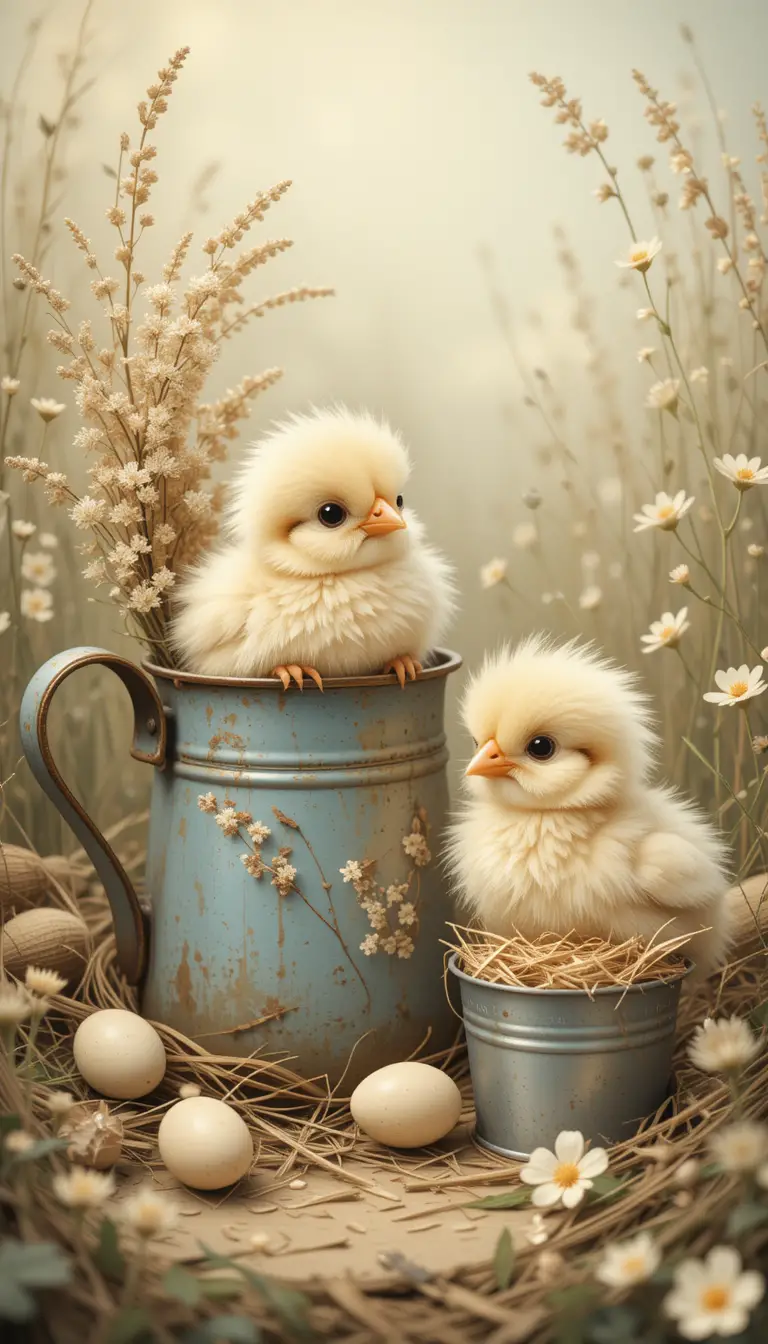 Vintage-Illustration von Küken zwischen Frühlingswildblumen