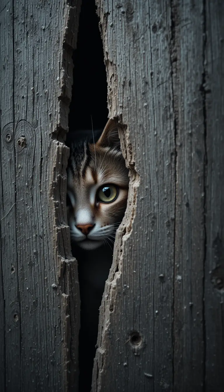 Occhio di gatto curioso che sbircia dalla fessura in una staccionata di legno