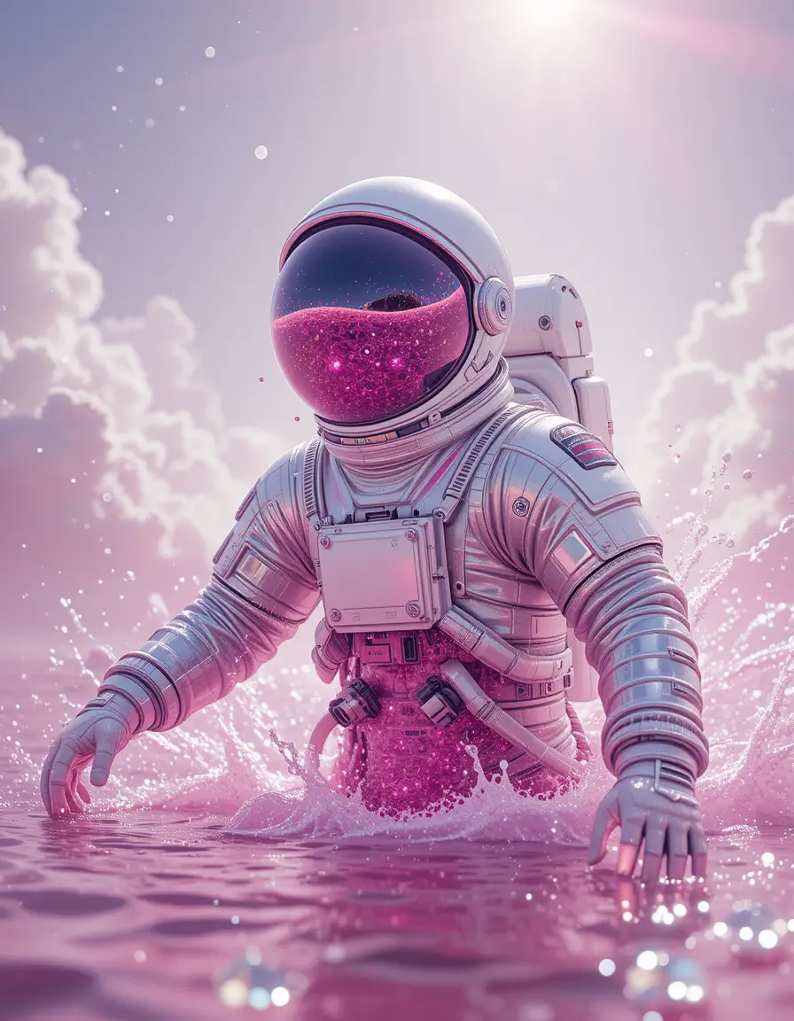 Astronauta che fluttua in un liquido cosmico rosa scintillante