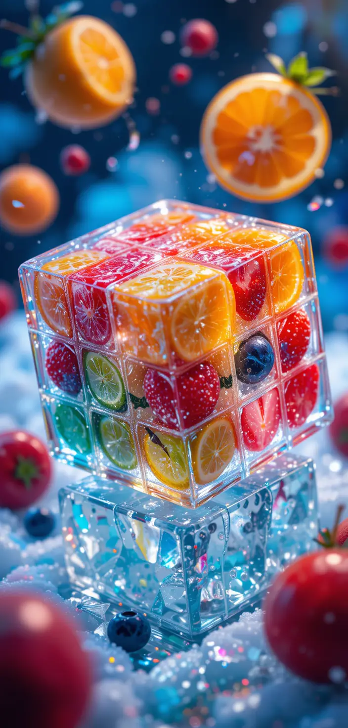 Cubo di frutta fluttuante nel ghiaccio con gocce colorate da sogno