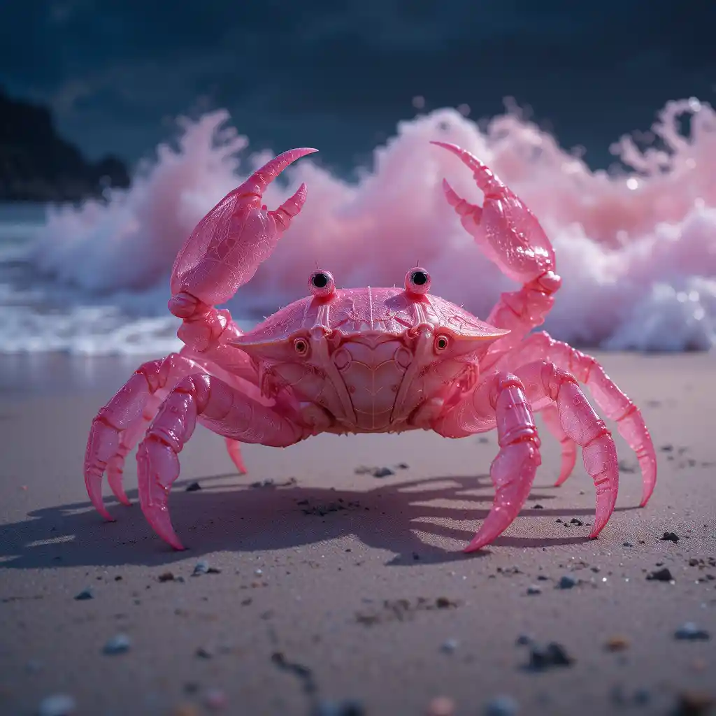 Pink transparent fantasy crab waving at night beach
