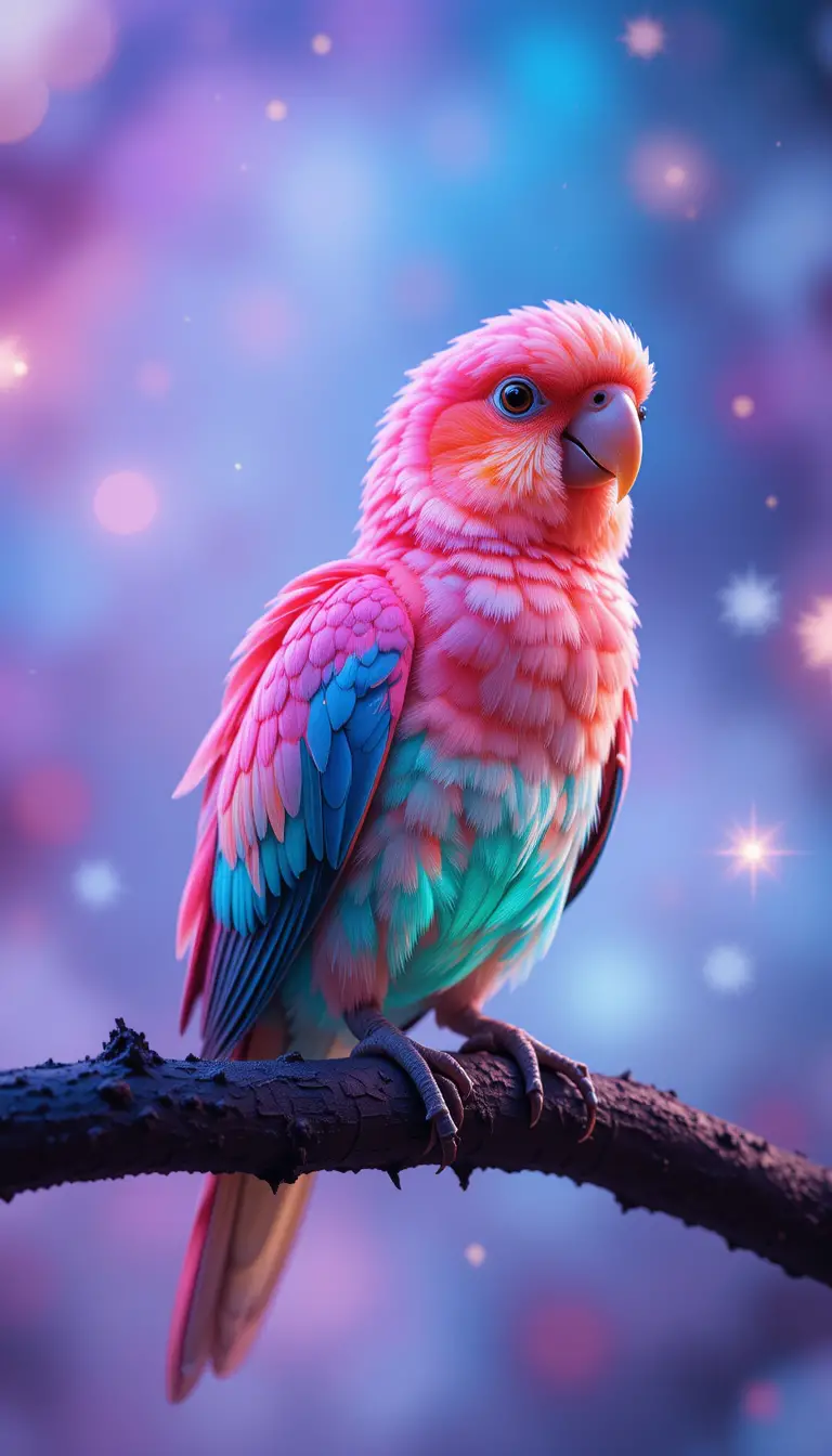 魔幻光芒中棲息在樹枝上的彩色鸚鵡