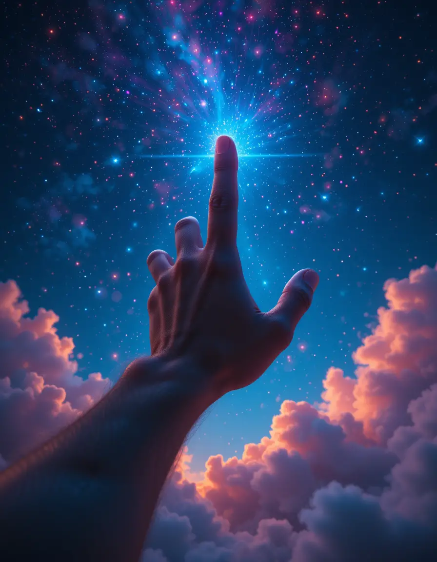 從雲端伸向絢麗神秘天空的手