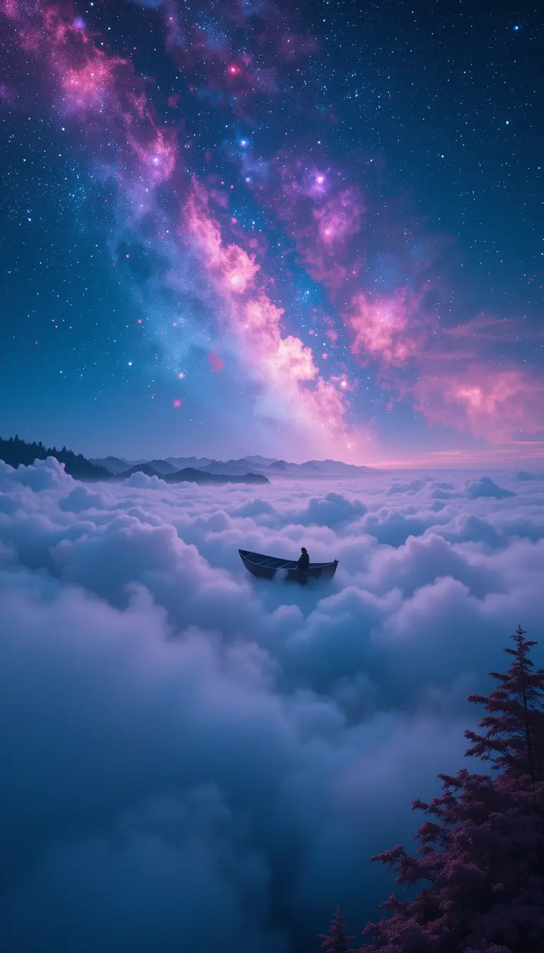 魔幻夜空中航行在雲端之上的小船