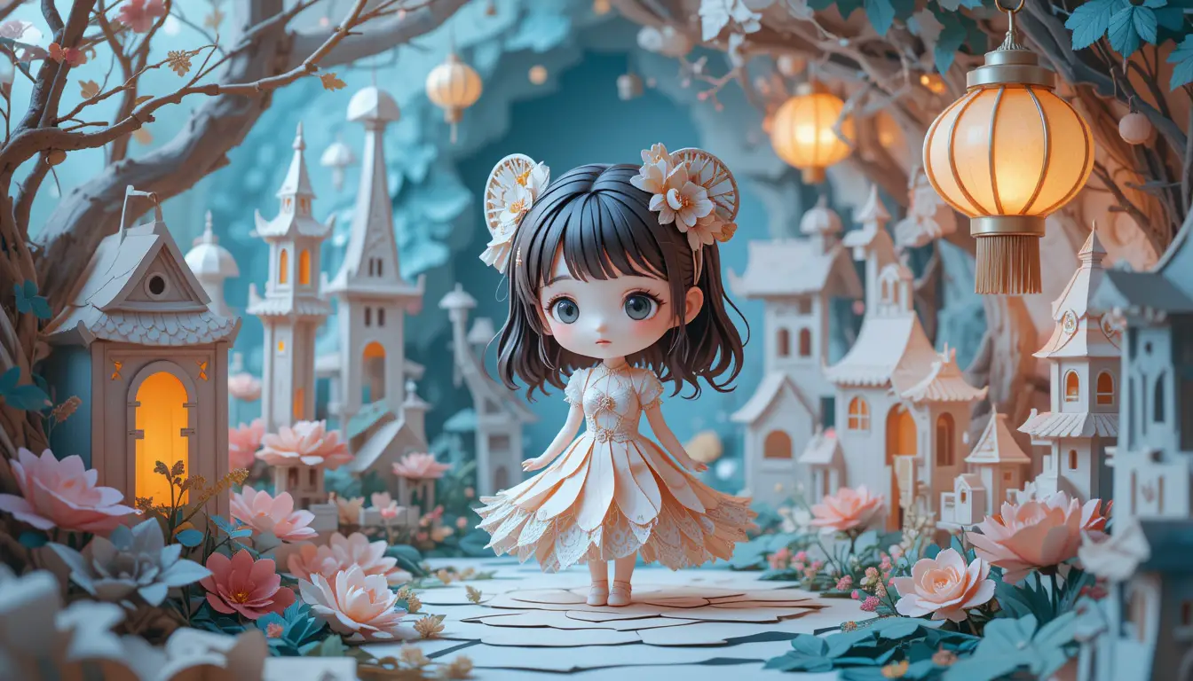 Bezauberndes Papier-Chibi-Mädchen in einer von Laternen erleuchteten, märchenhaften Welt