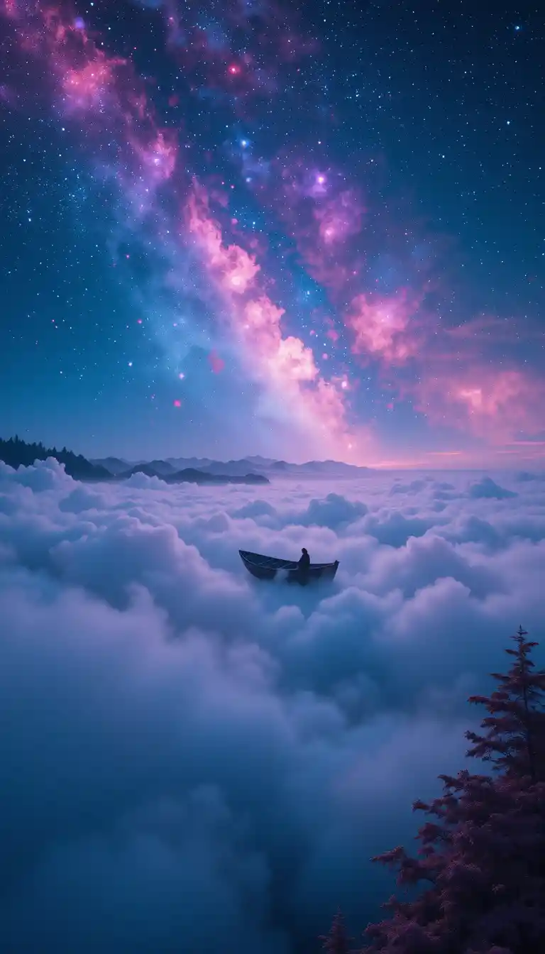 Boat Sailing Above Clouds In A Magical Night Sky