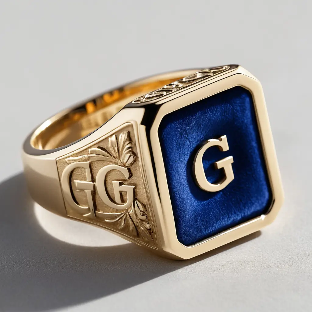 Goldenes Siegelring für Herren in blauer Samtschmuckschatulle