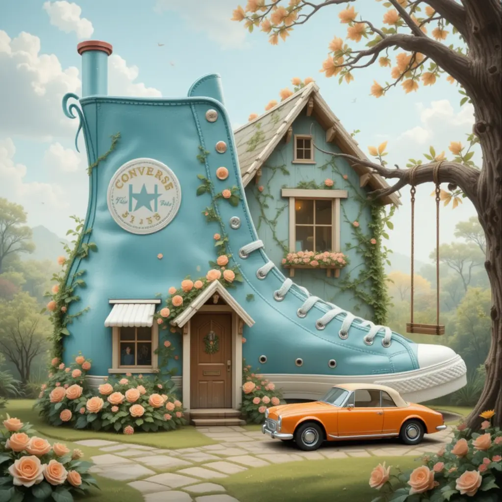 Maison fantaisiste en baskets avec des roses au style impressionniste