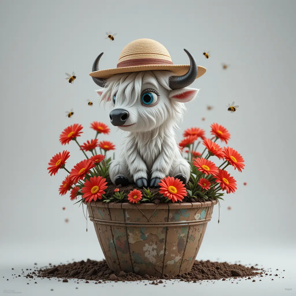 Seitenansicht eines fantasievollen weißen Büffels in einem Blumentopf
