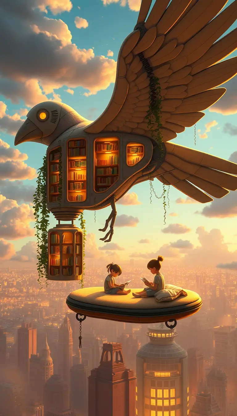 Schwebende Himmelsbibliothek auf einem mechanischen Vogel über der Stadt