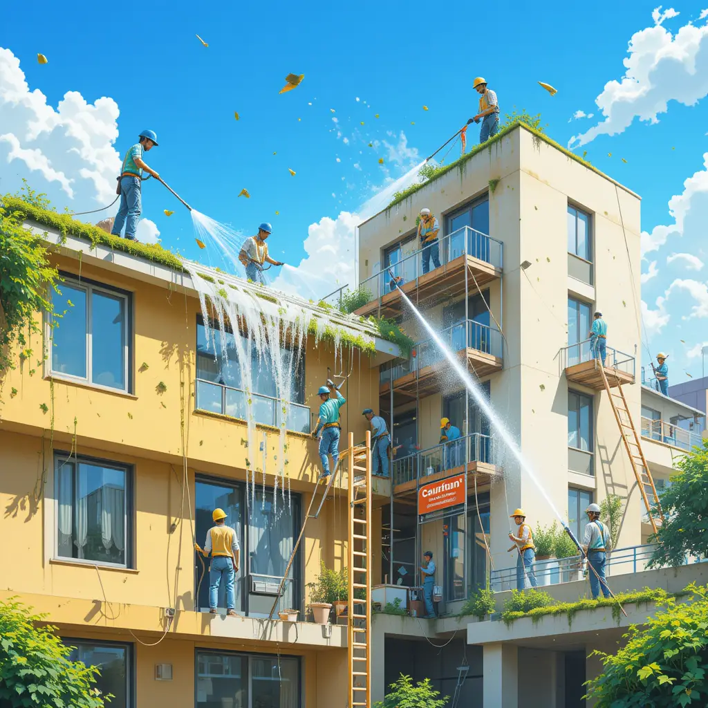 Team cleaning a modern apartment building exterior