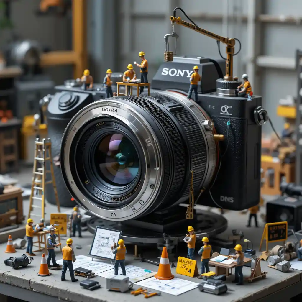 Miniature workers maintaining a giant camera lens diorama