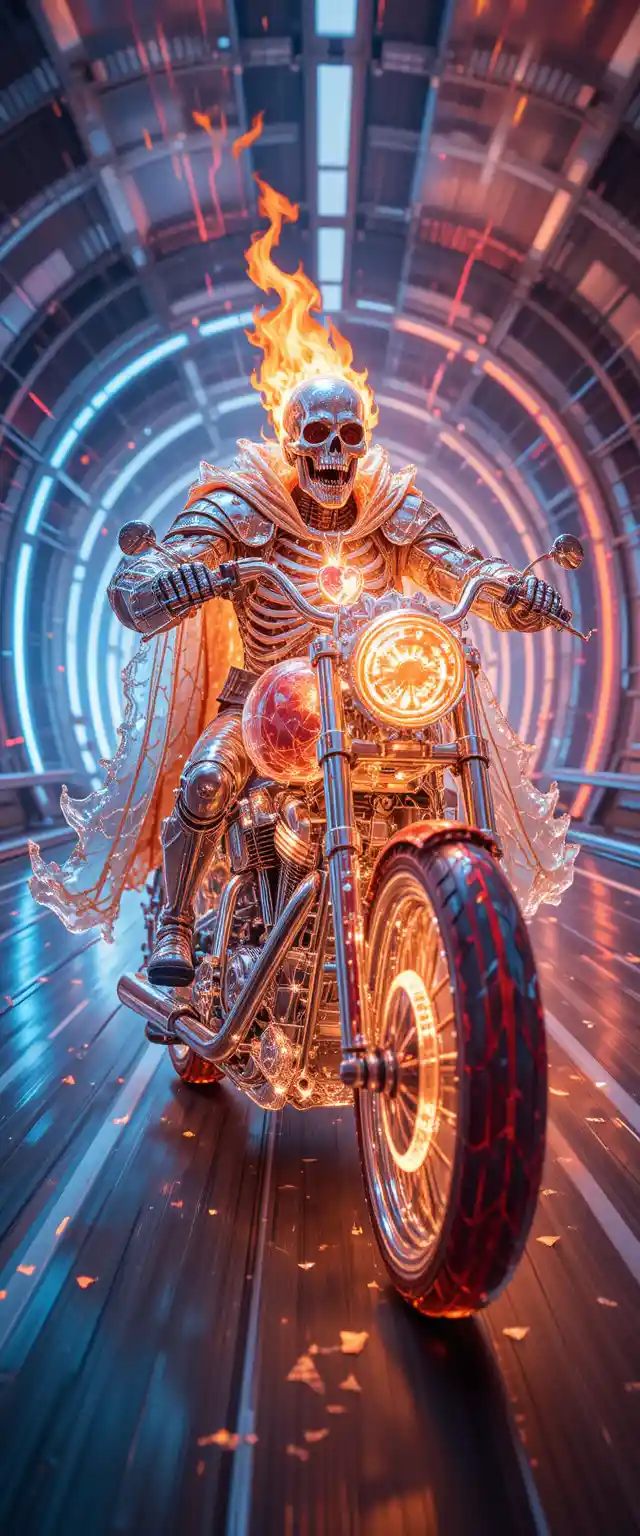 Flaming skeletal knight on crystal motorcycle in neon tunnel