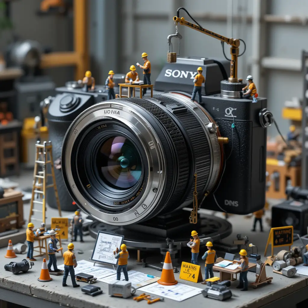 Miniaturarbeiter warten ein Diorama mit einem riesigen Kameraobjektiv