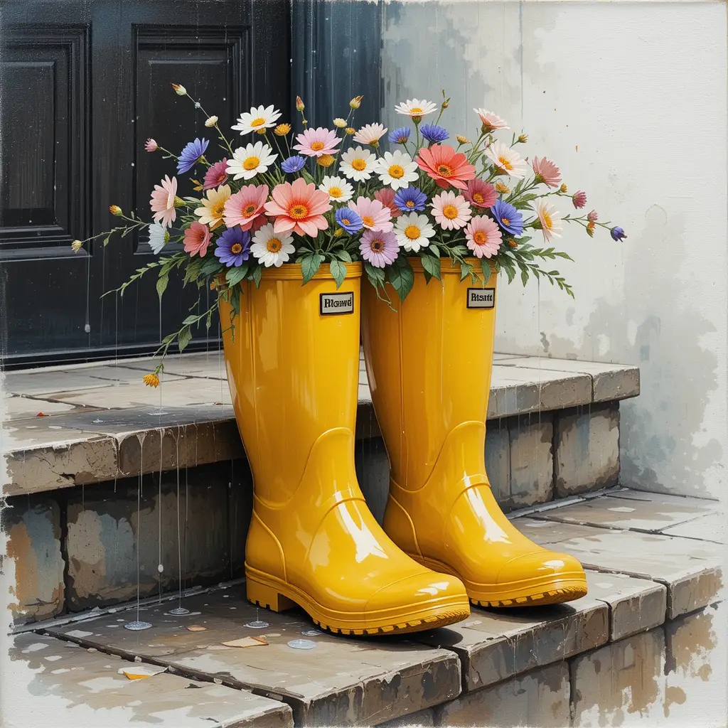 Gelbe Gummistiefel voller Blumen auf einer Veranda