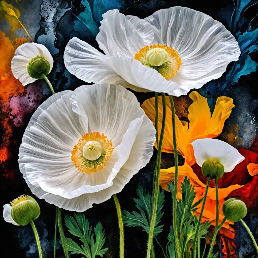 Weiße Islandmohnblumen in abstrakter, farbenfroher Kunstmalerei