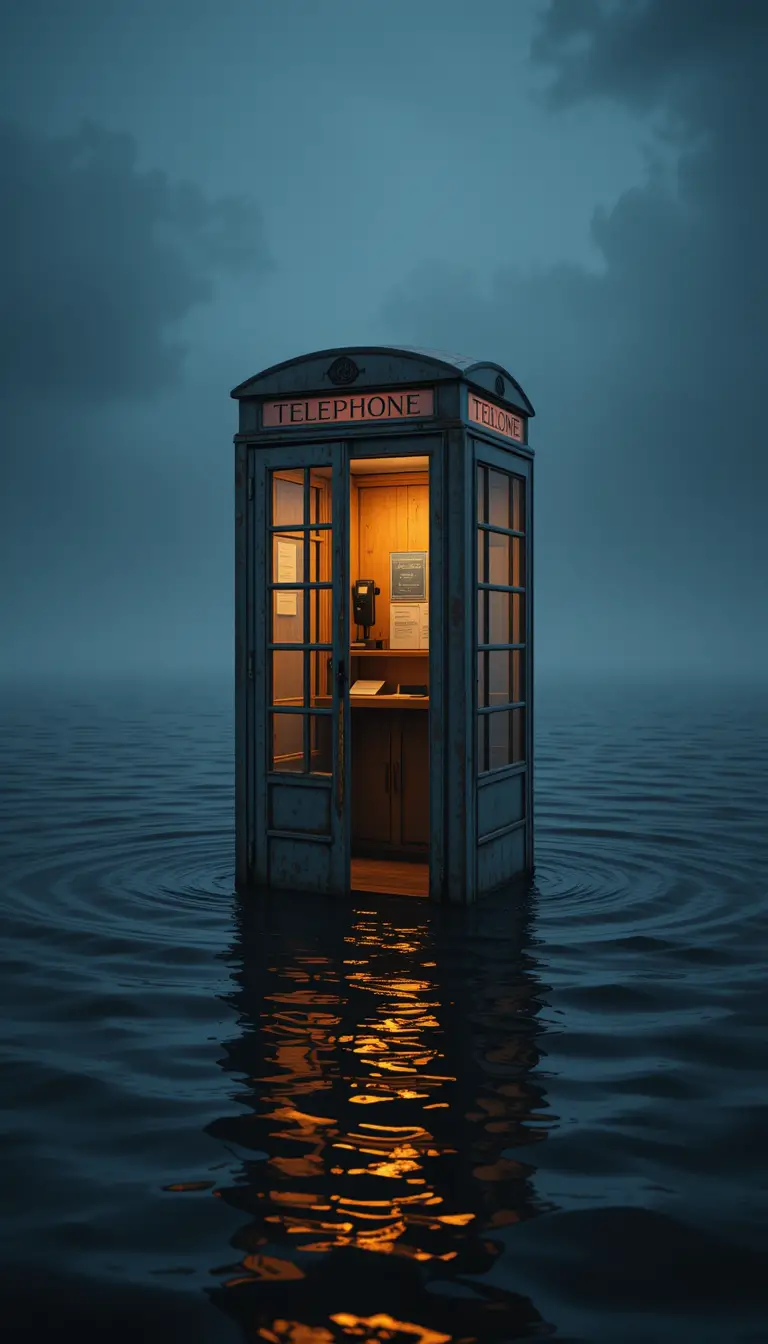 Einsame Vintage-Telefonzelle, die über dunklem Wasser leuchtet