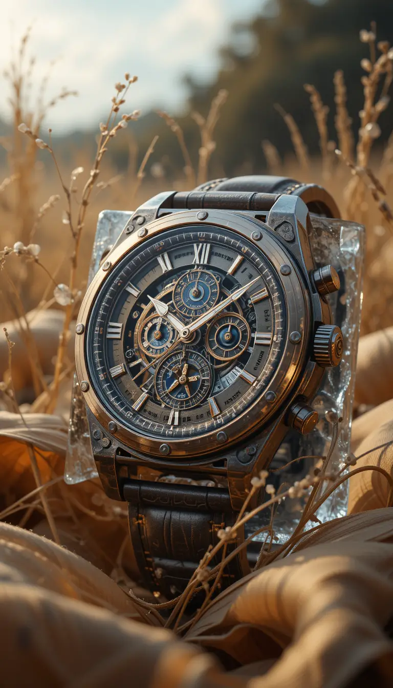 Steampunk clock with mechanical details in satin grass