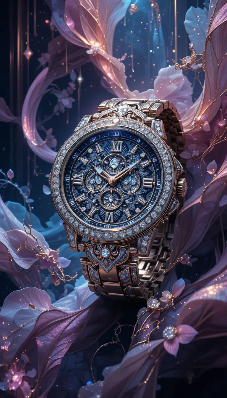 Luxuriöse digitale Illustration einer juwelenbesetzten Armbanduhr im dramatischen Licht
