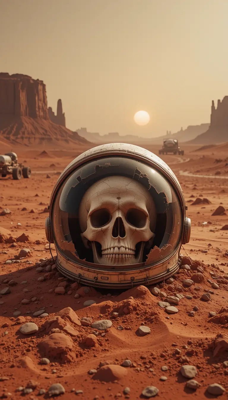 寂寞火星沙漠中的破碎太空人頭盔與頭骨
