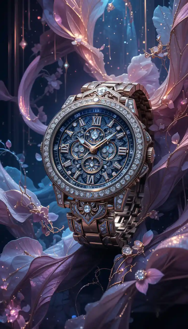Luxury digital illustration of jeweled wristwatch in dramatic light