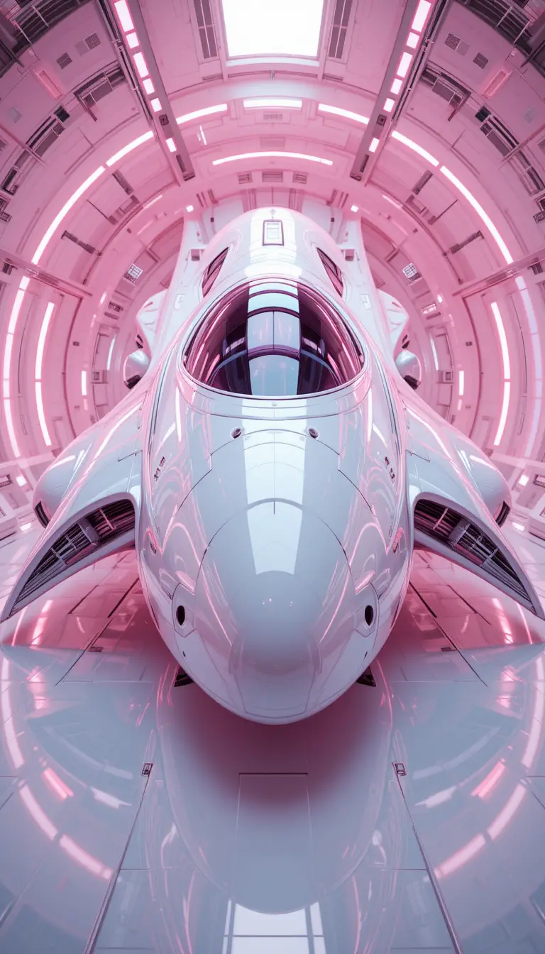 Futuristisches weißes Raumschiff in leuchtend pinkfarbener Weltraumstation
