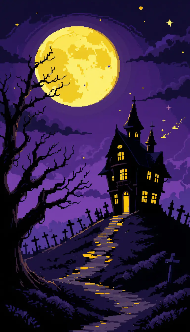 Casa infestata in pixel art su una collina di notte