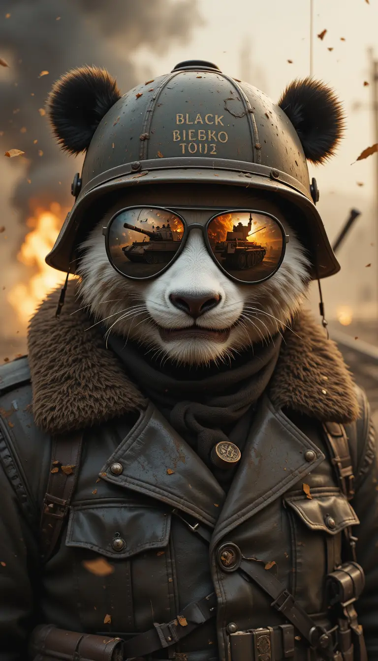 夕焼けの戦場に立つ傷だらけのパンダ戦車兵