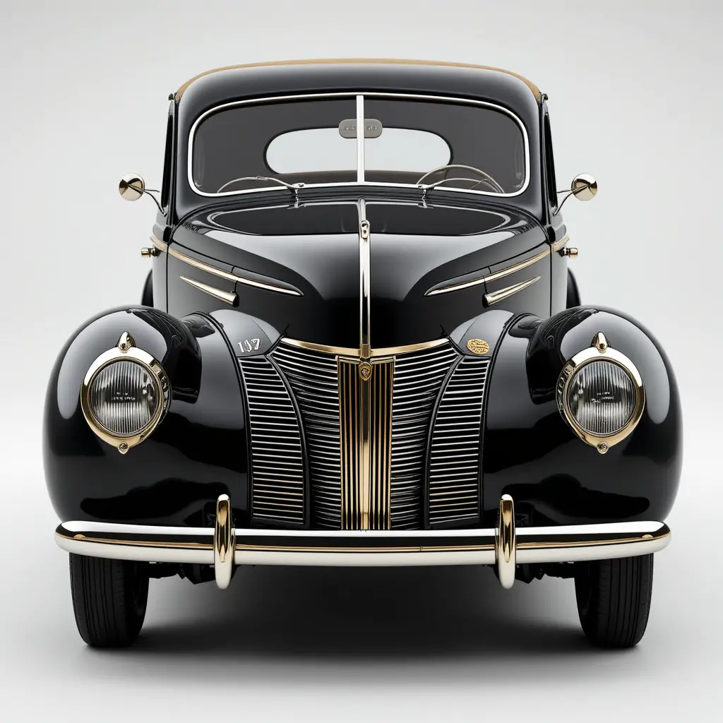 Vintage-Auto aus den 1940er-Jahren in Schwarz mit beigem Dach und goldenem Kühlergrill