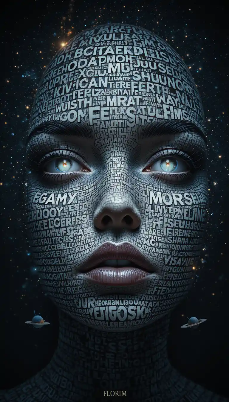 Face of text and stars in a cosmic digital void