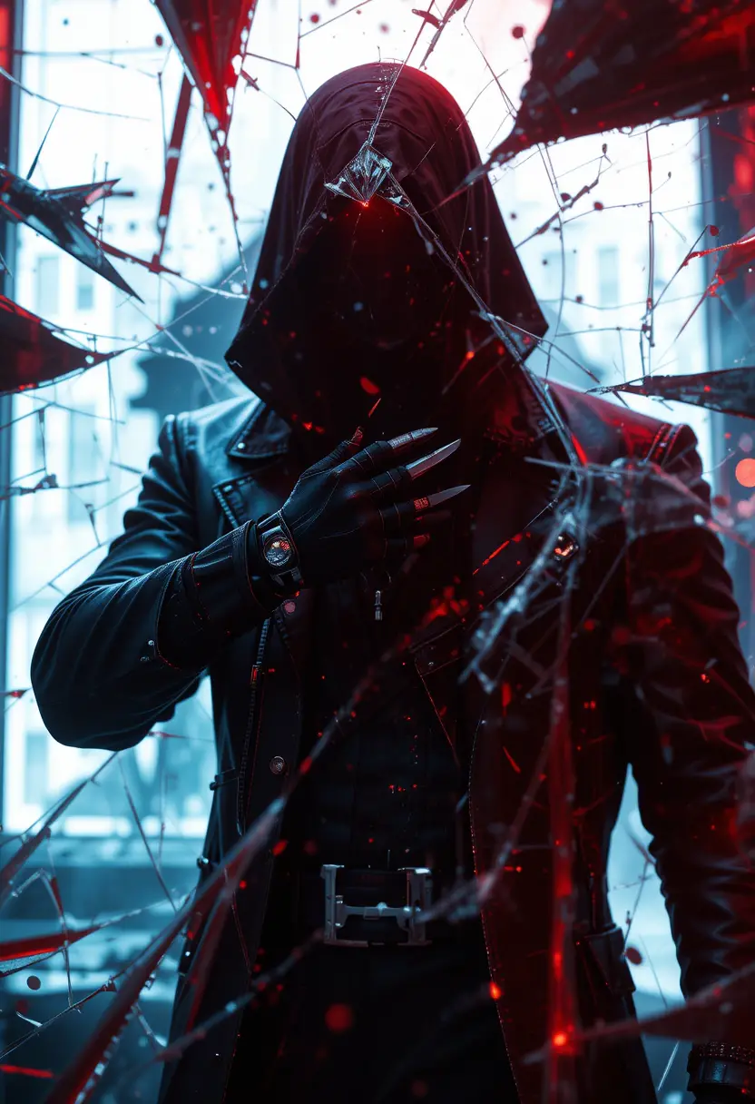 Silhouetted Assassin Fractured By Neon Holographic Billboard