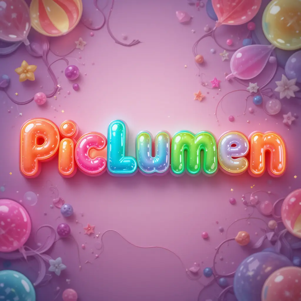 Verspielte 3D-Gelee-Typografie im PicLumen-Logo-Stil