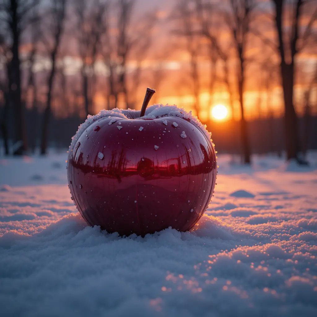 雪中紅蘋果映照冬日夕陽景色