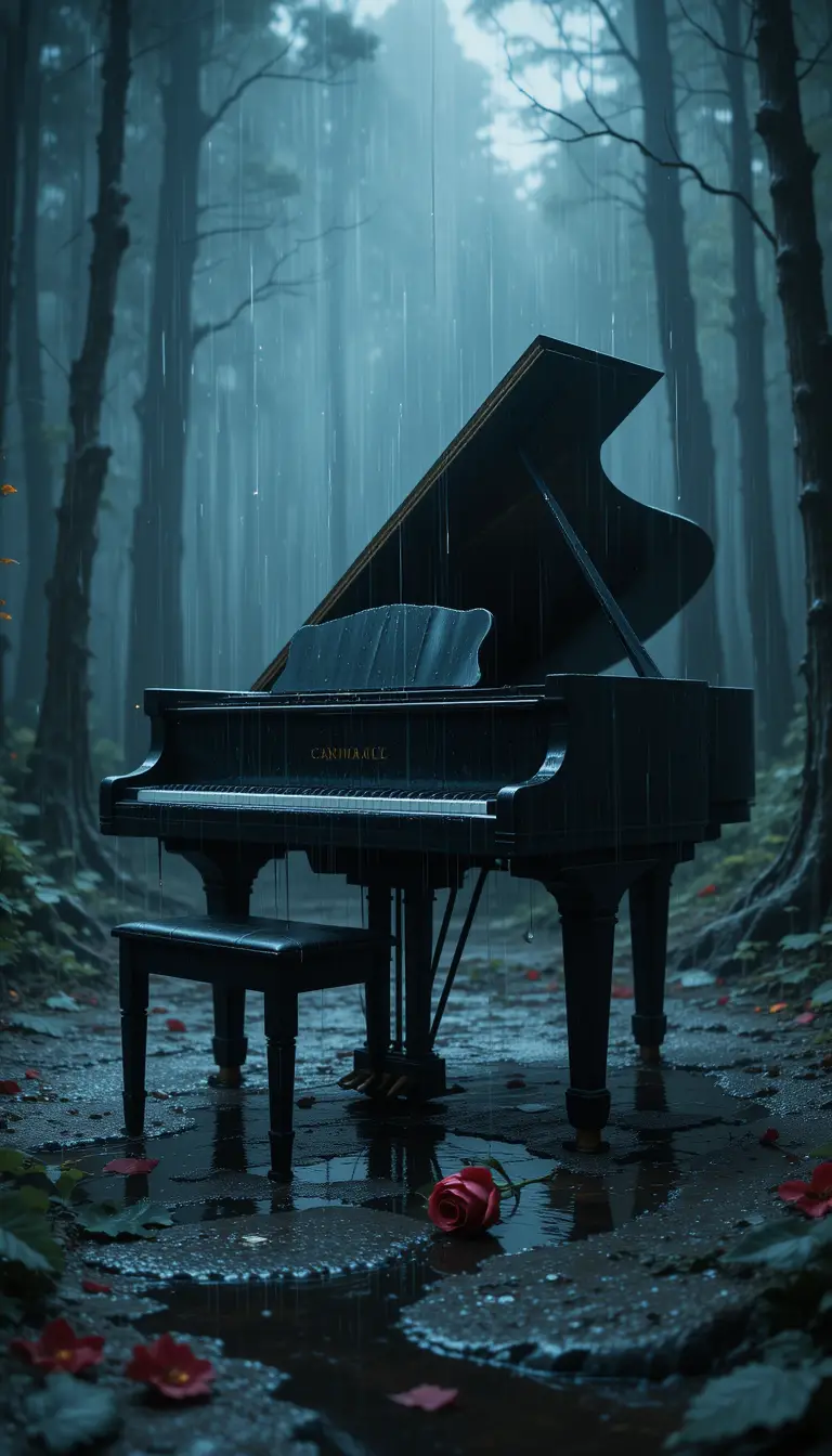Pianoforte a coda solitario in una foresta bagnata dalla pioggia