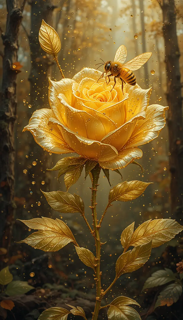 Golden roses and flying honey bee in a rainy forest