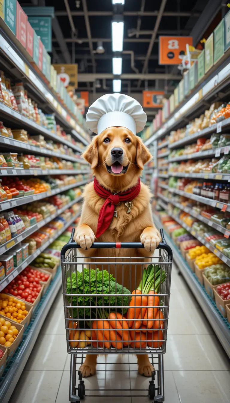 在明亮超市走道購物的黃金獵犬主廚