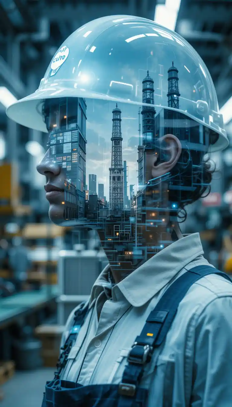 Factory worker head merged with glowing computer screen
