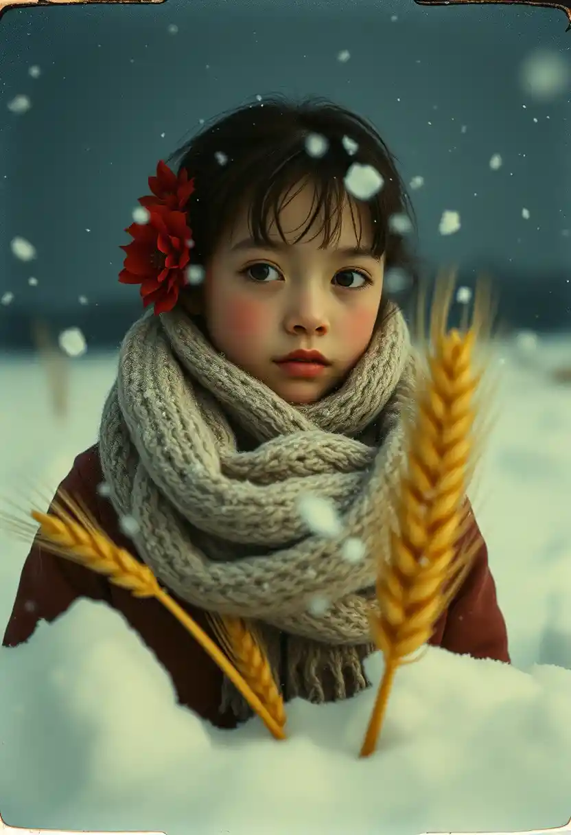 暴風雪中的害羞少女在月光下的天空下尋找小麥