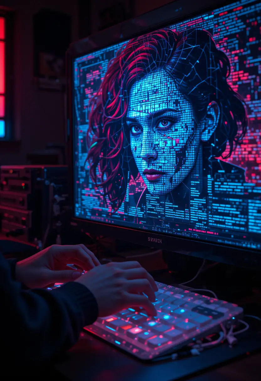 Hacker tippt auf Tastatur mit glitschendem Gesicht auf dem Monitor