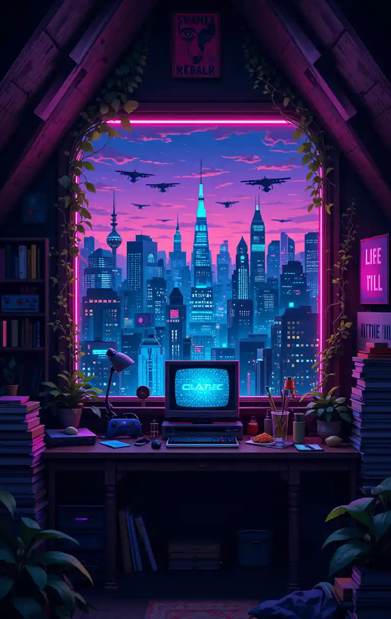 Soffitta da gaming cyberpunk in pixel art futuristica con vista sulla città