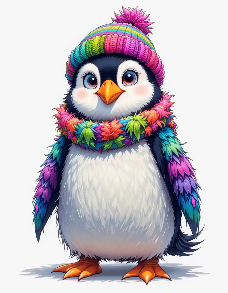 Colorful digital penguin with rainbow feathers and beanie