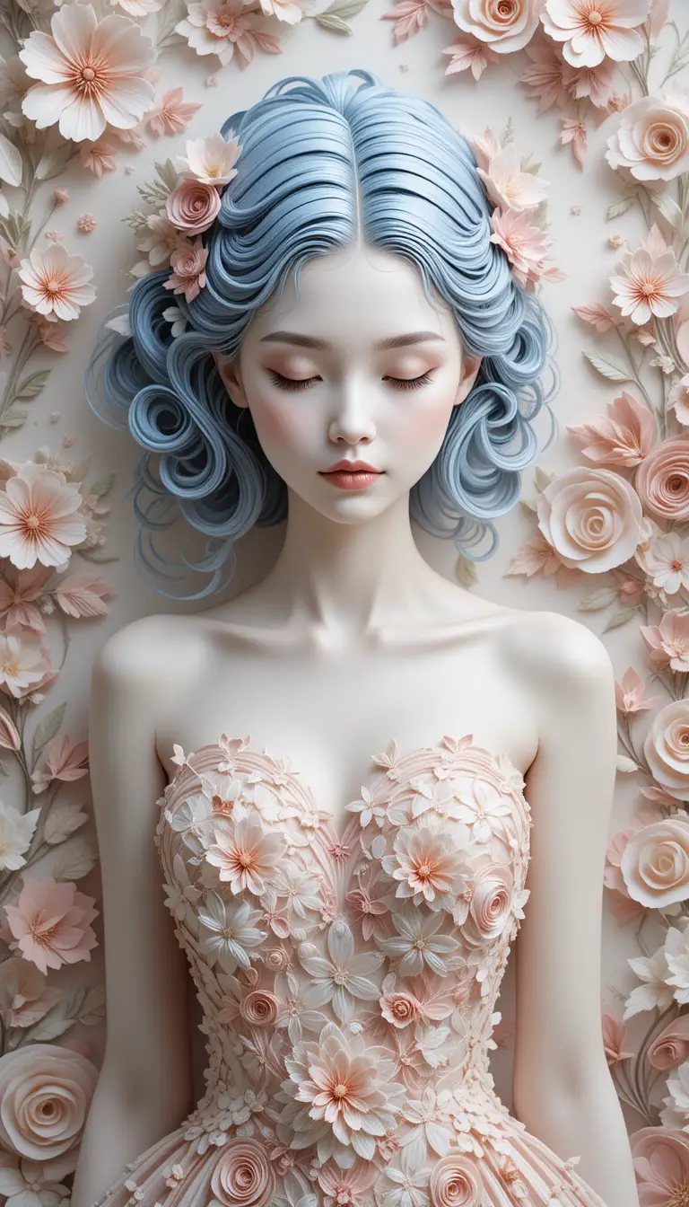 Ragazza in quilling di carta con capelli pastello e abito floreale