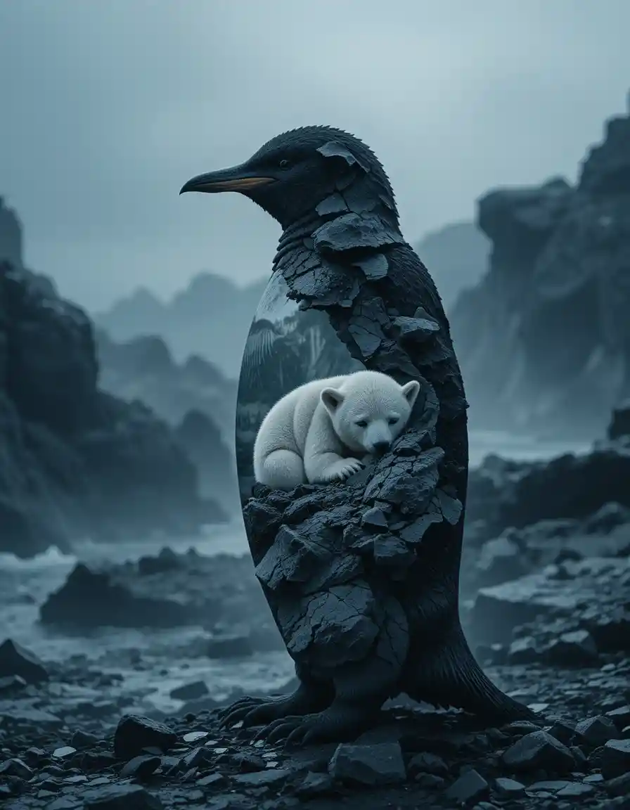 Double exposure penguin with polar bear and cub sheltering